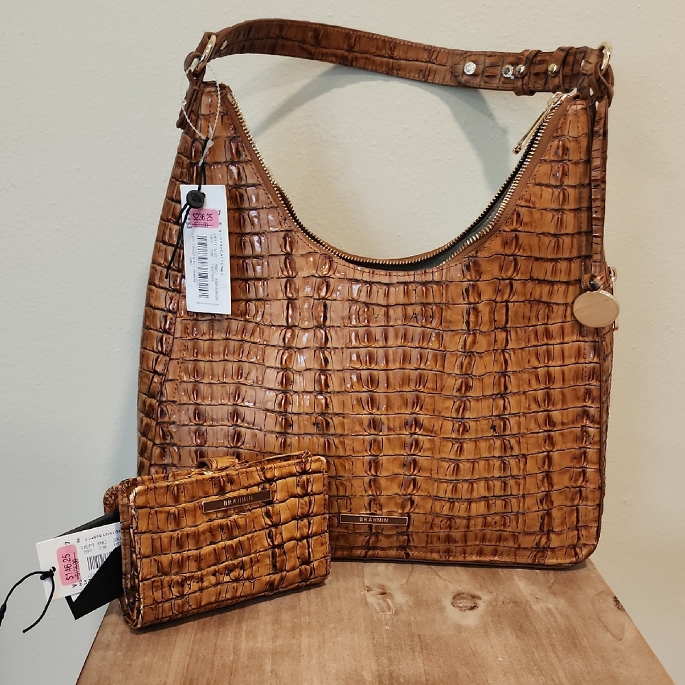 Brahmin Brown Hobo Bag & Matching Wallet with Crocodile Embossed Leather (2 Pcs)